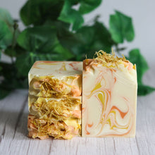 Load image into Gallery viewer, Two bars of marbled soap with greenery in the background